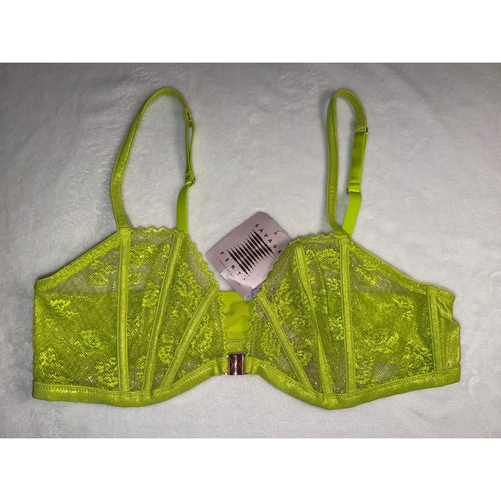 Savage X Fenty Neon Lime Green Lace Front Clasp Bra XL NWT - Picture 5 of 5